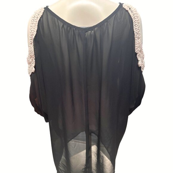 American Dream Black Sheer Cover Up Tunic Crochet Shoulders Lace Detail Size 2X - Picture 3 of 9